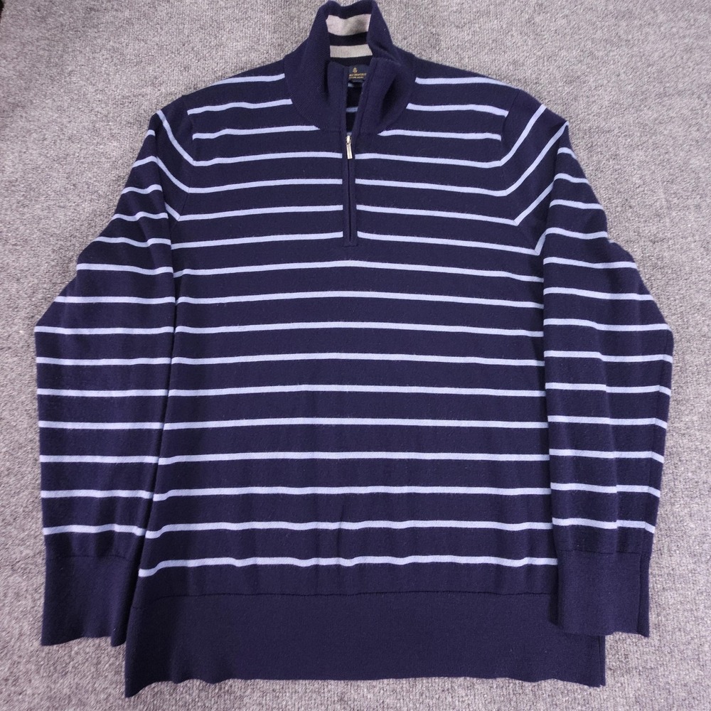 Brooks Brothers Sweater Mens XL Navy Blue Striped Merino Wool Half Zip Pullover
